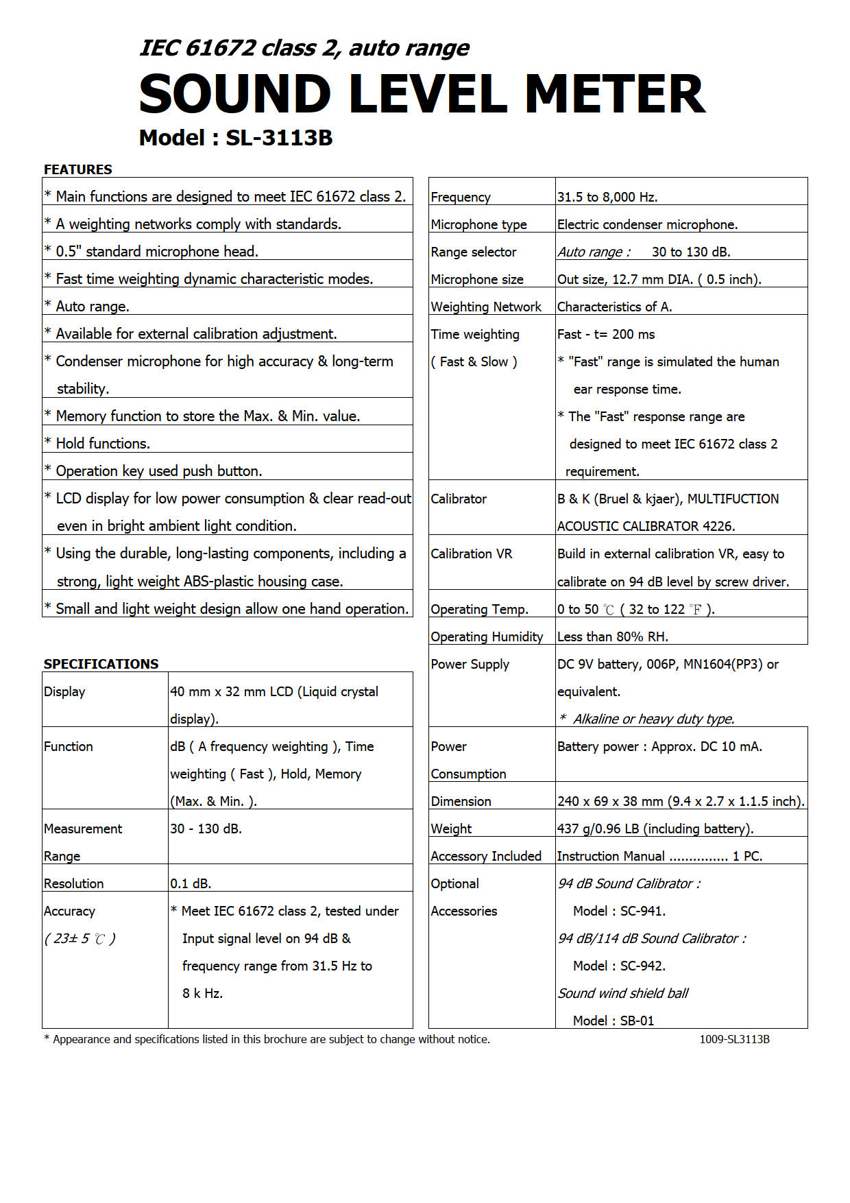 Lutron รุ่น SL-3113B เครื่องวัดเสียง Class2 Sound Level Meter (30 ~ 130dB, Auto range) Lutron SL-3113B