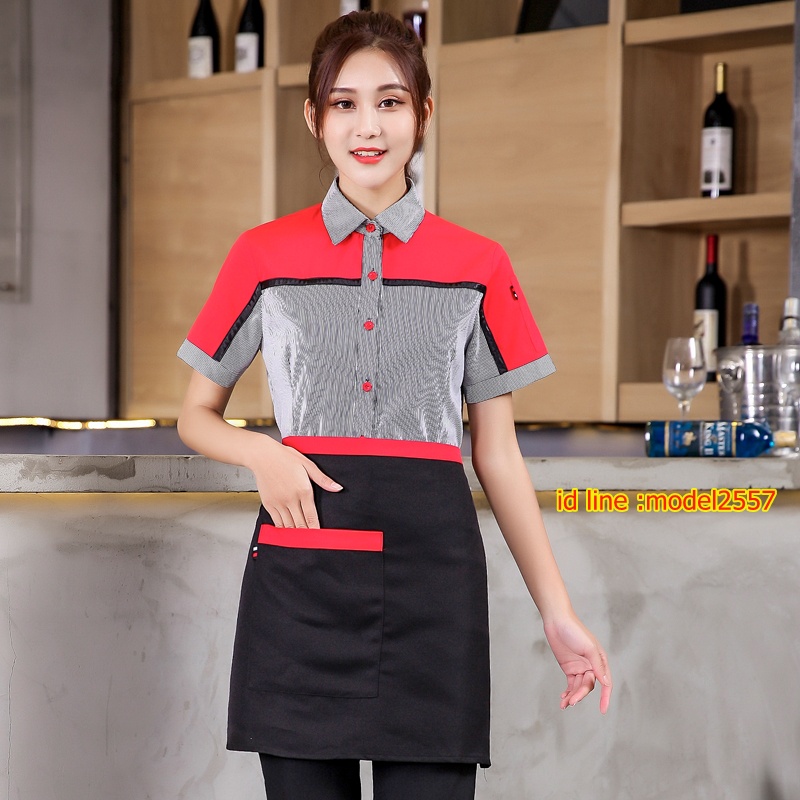 F6105003 เสื้อฟอร์มพนักงานร้านอาหารกาแฟโรงแรม แขนสั้น แดง,เทา L,XL,XXL,3XL,4XL F6105003 ตัว