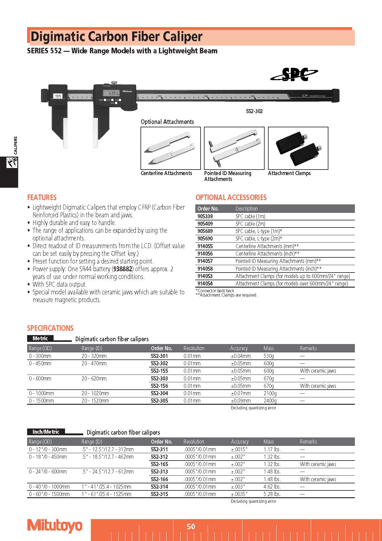 Digimatic Carbon Fiber Caliper SERIES 552 — Wide Range Models with a Lightweight Beam