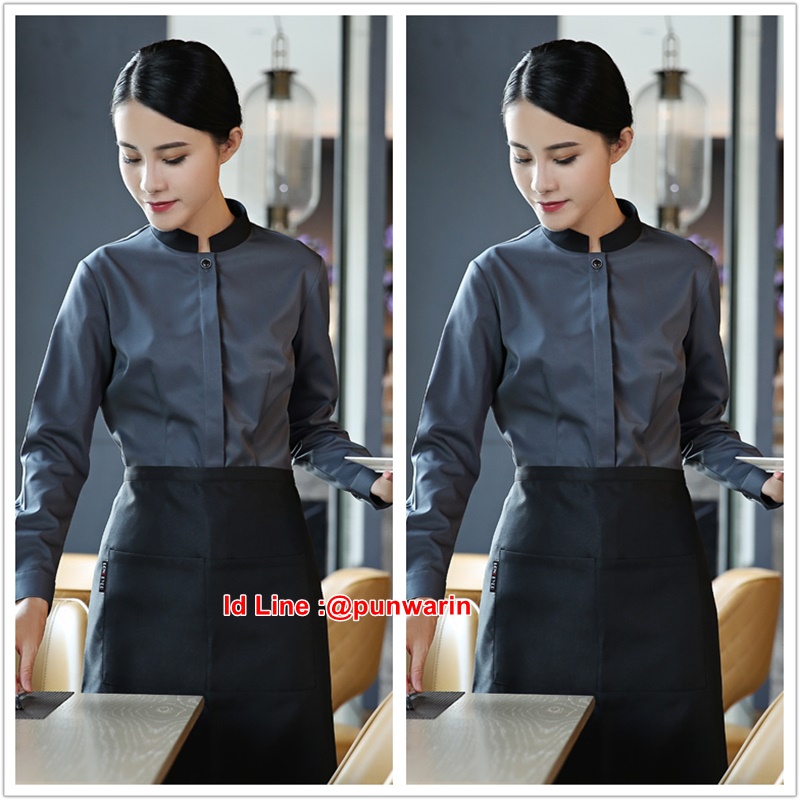 เสื้อพนักงานต้อนรับพนักงานเสริฟเสื้อพนักงานโรงแรมนรีสอร์ทเสื้อเชิ้ตลายทางแขนยาว สีเทา S-4XL F6307001 เสื้อ+เปื้อน