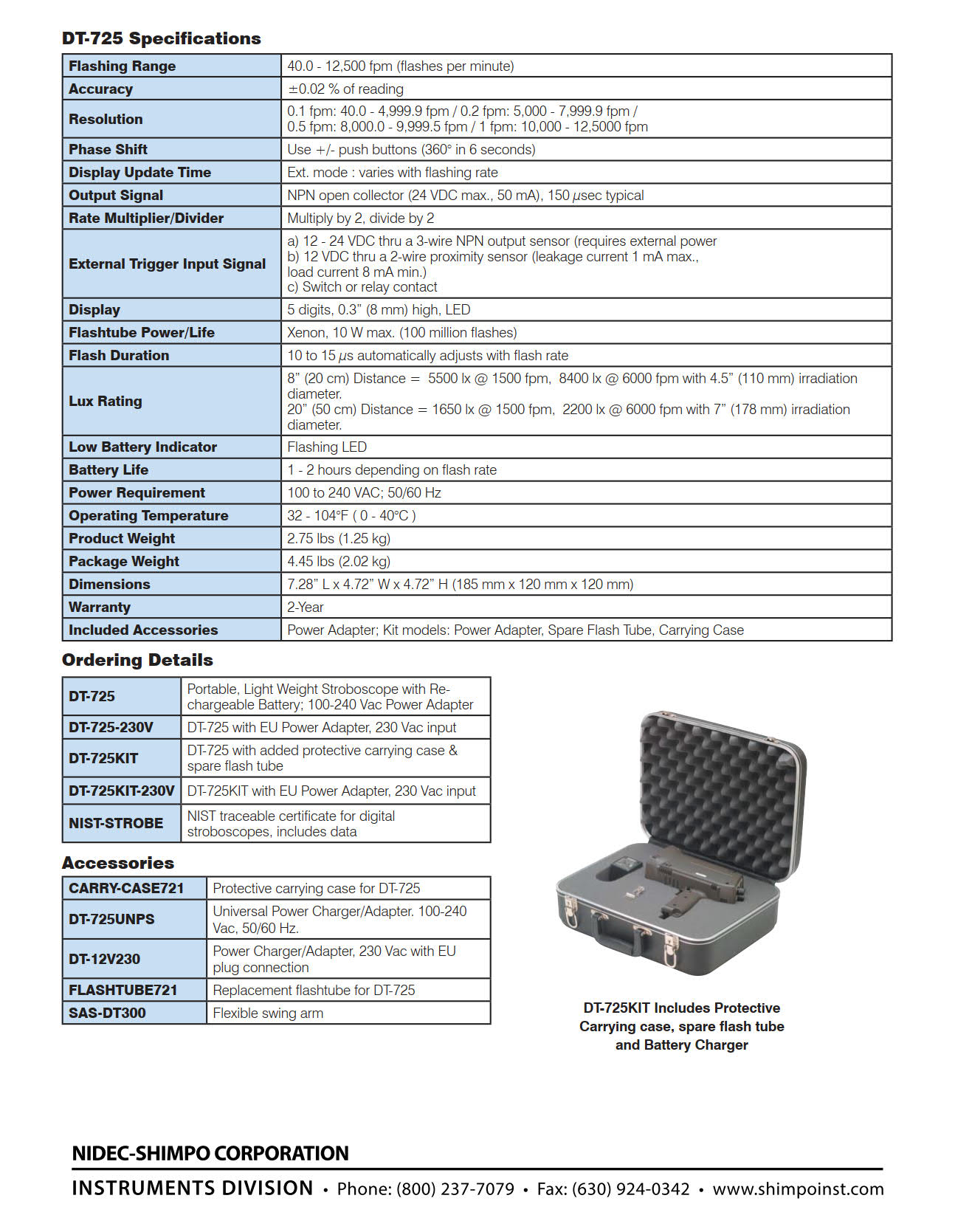 NidecSHIMPO รุ่นDT-725Kitเครื่องวัดความเร็วรอบขนาดพกพา,Digital Stroboscope Kit 115V AC Charger