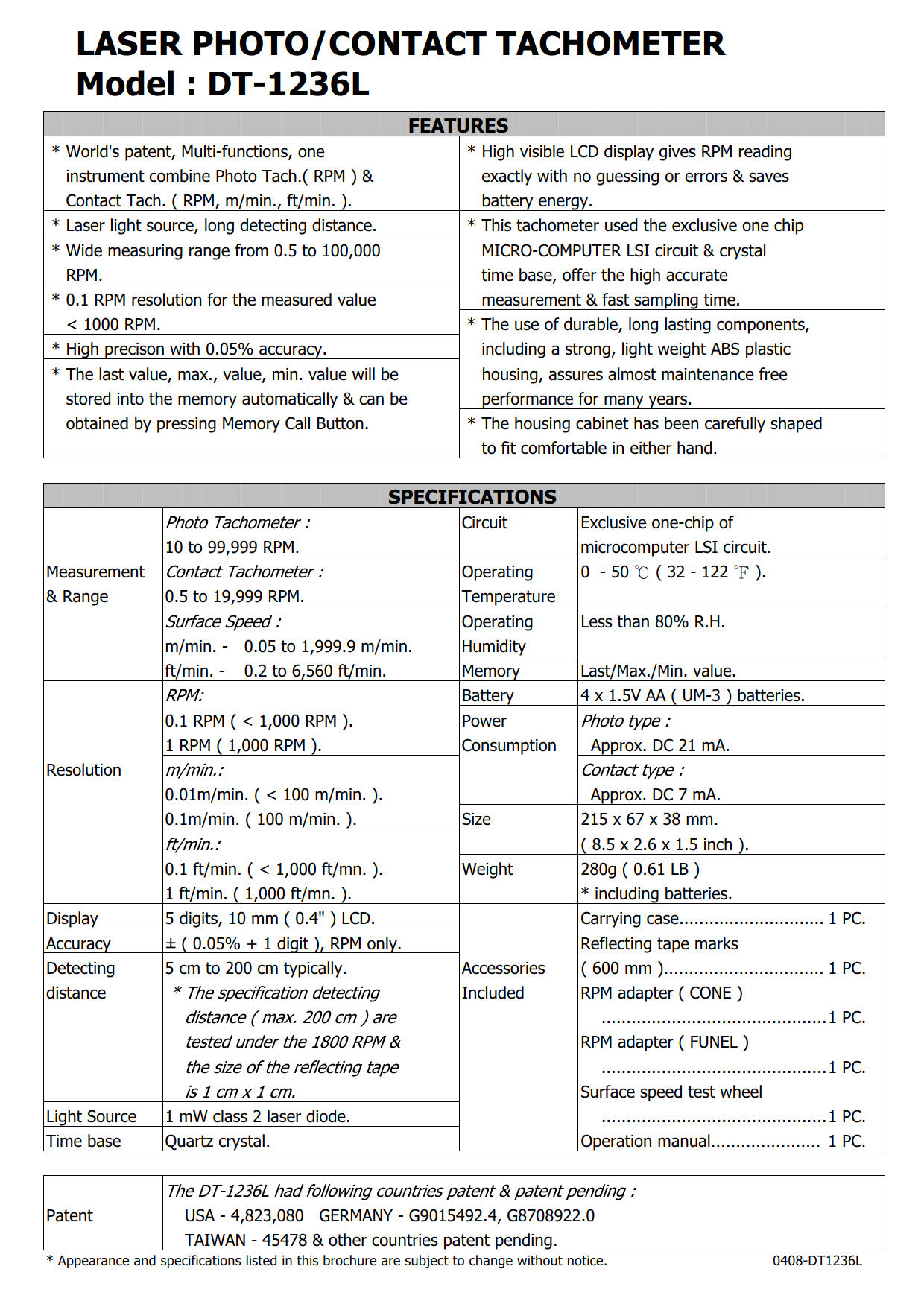 Lutron รหัส DT-1236L เครื่องวัดความเร็วรอบแบบแสงและสัมผัส,Handheld digital contact&photo laser tachometer,photo range:10～99,999rpm