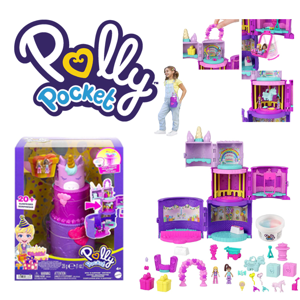 ปาร์ตี้บ้านขนมเค้กPolly Pocket 2-In-1 Unicorn Toy Playset, Spin 'N Surprise Birthday with Micro Polly & Lila Dolls ราคา : 1,390 บาท
