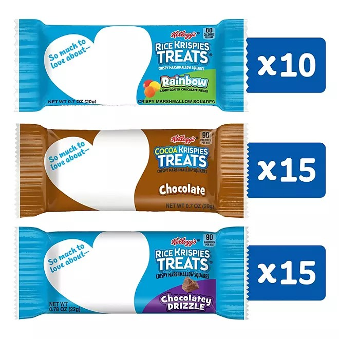 ขนมอร่อยสุดฮิต ผลิตและนำเข้า🇺🇸 ข้าวพองกรอบผสมมาร์ชเมลโล่ แสนอร่อย Kellogg’s Rice Krispies Treats Variety Pack, 40 ct. แพครวม3 รส. รสดั้งเดิม 15 ชิ้น,Rainbow 10 ชิ้น ,รสช๊อคโกแลต 15 ชิ้น (1.3 oz., 40 ct.) 1 กล่องบรรจุ 40 ชิ้น