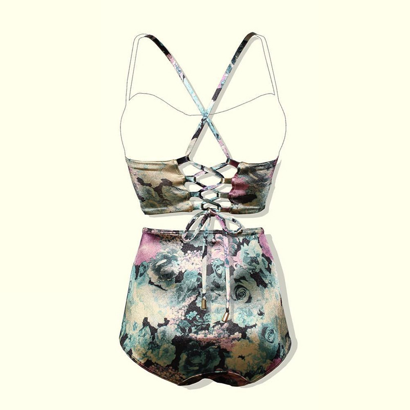 [Size S,M] ชุดว่ายน้ำทูพีช บราถักหลังลายดอกกุลาบเขียว ผ้ามันเงา กางเกงเอวสูง