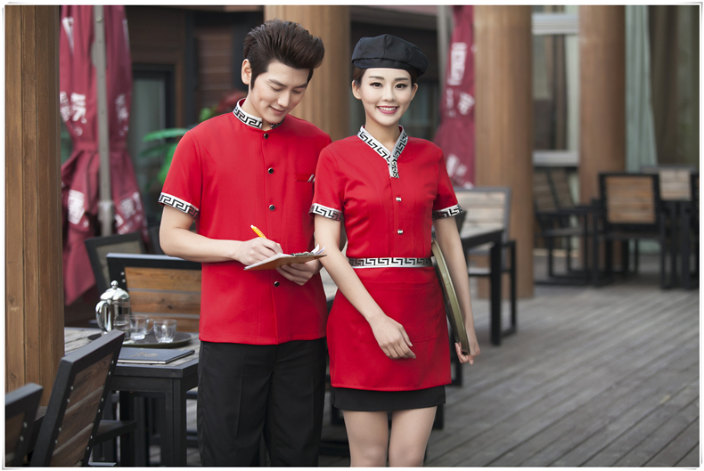 F5906006 เครื่องแบบชุดฟอร์มพนักงานร้านอาหารกาแฟโรงแรม แขนสั้นผ้าฝ้ายกระดุมหน้า (พรีออเดอร์) รอสินค้า 3 อาทิตย์หลังโอน F5906006 ตัว