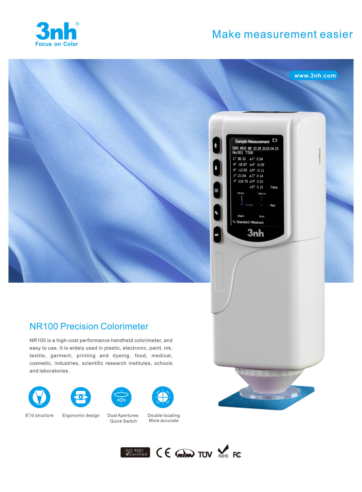 3nh รุ่นNR-100เครื่องวัดสีมีความละเอียดเเละเเม่นยำสูงบันทึกข้อมูลได้Precision Colorimeter/2Aperture:Ø8mm,Ø4mm,Geometry:8/d(Storage100～20,000)