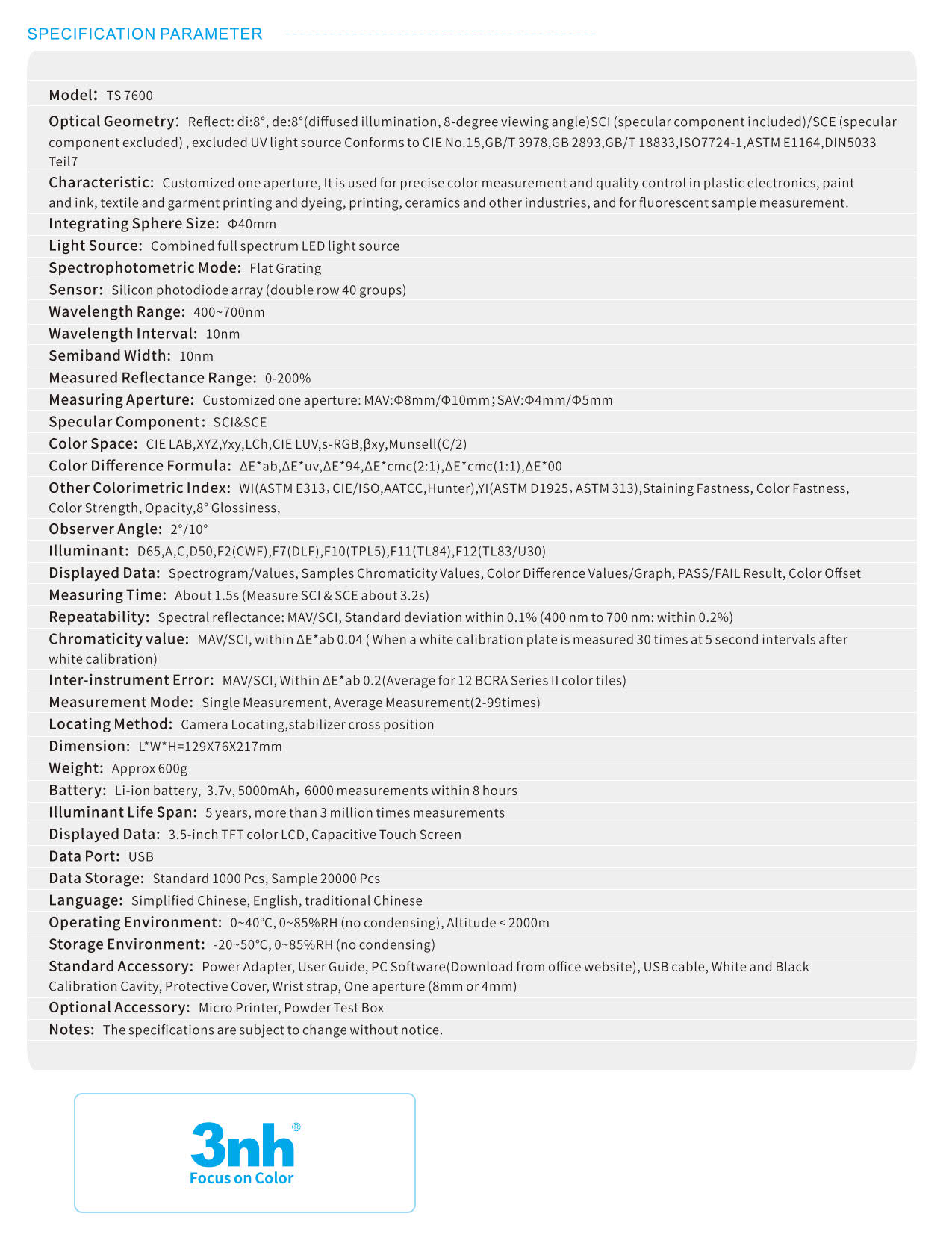3nh รุ่นTS7600เครื่องสเปกโทรโฟโตมิเตอร์รองรับบลูธูทแบบพกพาHandheld Spectrophotometer Geometry:D/8°,1Aperture:Ø8/Ø4,Range:400～700nm