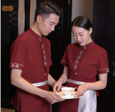 เสื้อฟอร์มพนักงานร้านอาหารกาแฟโรงแรม แขนสั้น ดำ แดง M-3XL F6708006 เสื้อ+เปื้อน* ขั้นต่ำ 2 ตัว