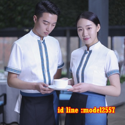 F6109004 เสื้อพนักงานต้อนรับพนักงานเสริฟเสื้อพนักงานโรงแรมนรีสอร์ทคอจีน ฟ้า ขาวแดง S M L,XL,XXLม3ปส F6109004 ตัว