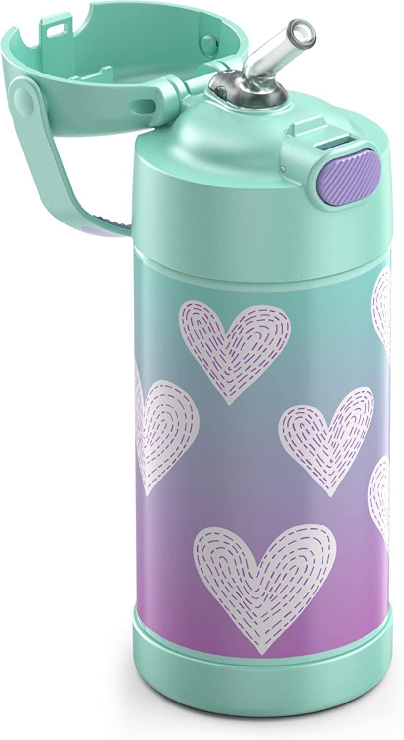 New กระติกน้ำเก็บความเย็น มีหูหิ้ว 12 Ounce Stainless Steel Vacuum Insulated Kids Straw Bottle, Purple Hearts