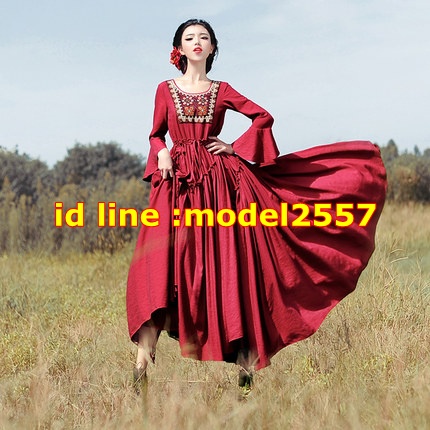 DW5909001 เดรสโมฮีเมียนพิมพ์ลายกระโปรงยาว (พรีออเดอร์) แดง S M L DB6112001 ตัว