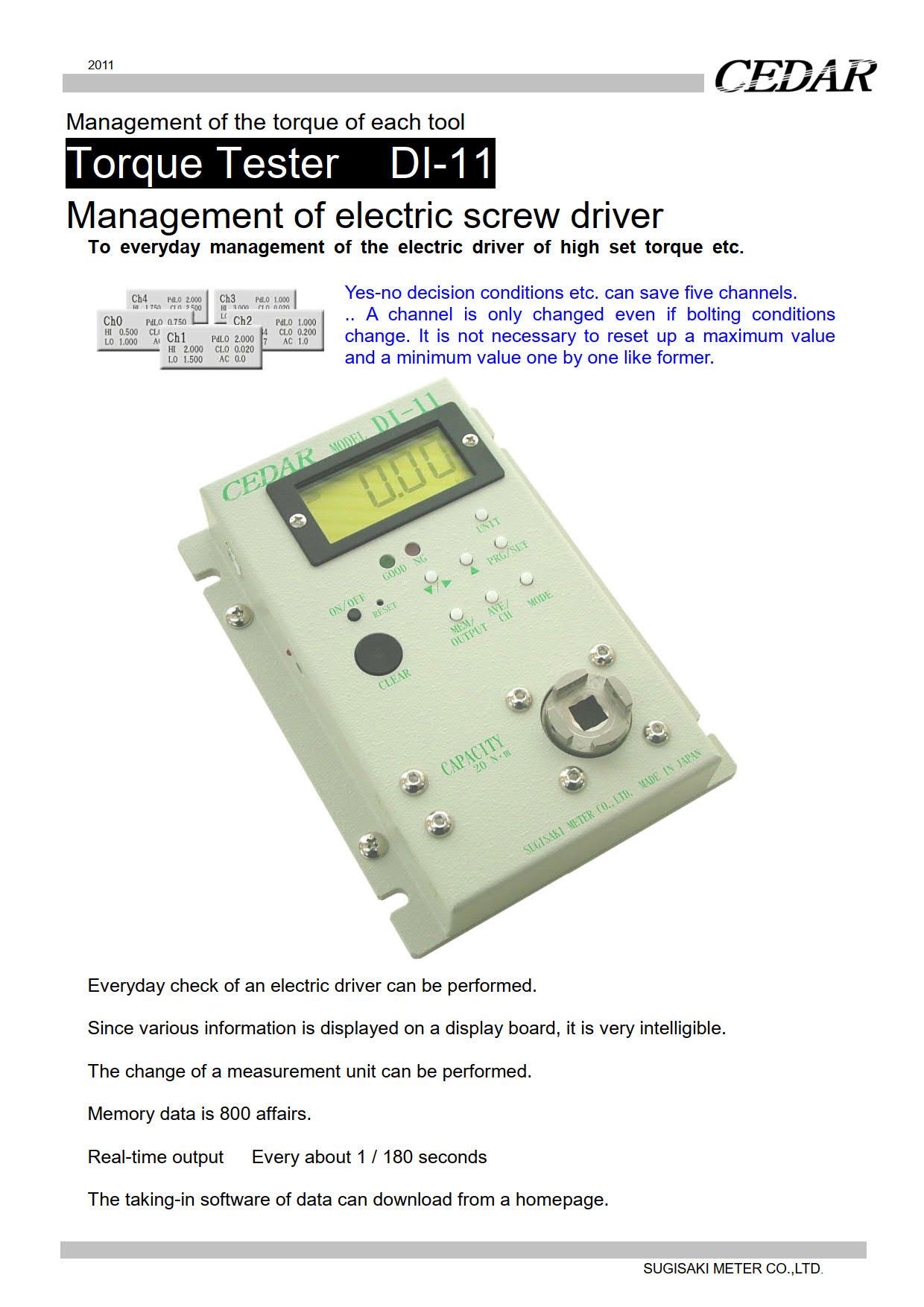 Cedar รุ่นDI-11เครื่องทดสอบแรงบิด,Tool management torque tester Measuring range0.10～20Nm
