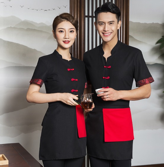 F6203006 เสื้อพนักงานต้อนรับ เสื้อพนักงานเสริฟ เสื้อพนักงานโรงแรม เสื้อพนักงานร้านอาหาร ดำ แดง L-3XL F6203006 เสื้อ+ ผ้ากันเปื้อนตามรูป
