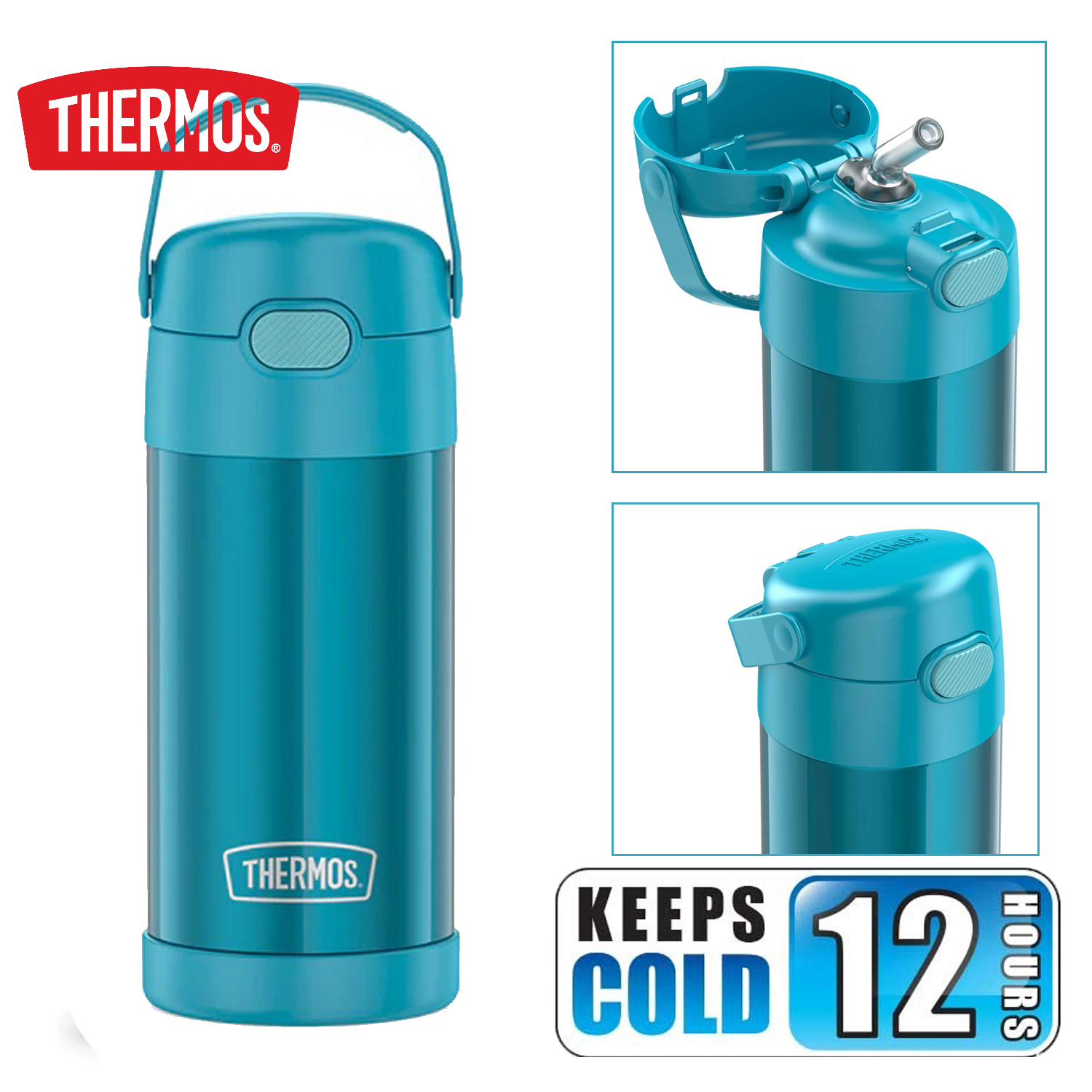 กระติกดูดน้ำแตนเลสหุ้มฉนวนสุญญากาศยี่ห้อ Thermos ของแท้ขนาด 12 ออนซ์ ลาย TEAL ราคา 990 - บาท