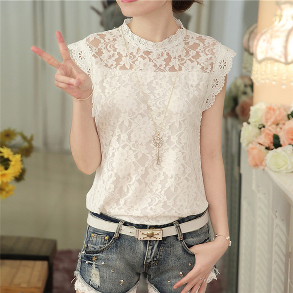 RP5911053 เสื้อลูกไม้เกาหลีสวยหวาน คอสูงแขนสั้นฤดูร้อน(พรีออเดอร์) RP5911053 ตัว