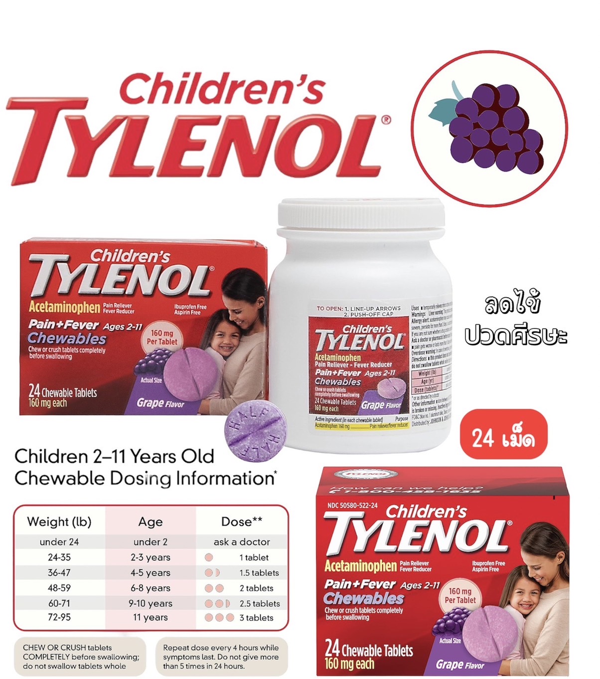 เม็ดเคี้ยวลดไข้Tylenol Children's Chewable, Grape, 24 เม็ด , ราคา 490 บาท