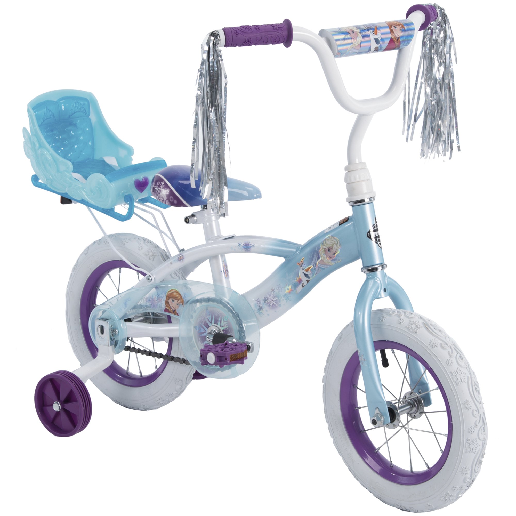จักรยานเด็กลายเจ้าหญิงดิสนี่ย์ โฟรเซ่น Disney Frozen 12" Girls Bike with Doll Carrier by Huffy (สินค้านำเข้า USA) ขนาดล้อ 12 นิ้ว ยี่ห้อ Huffy สำหรับเด็ก 3-5 ขวบ