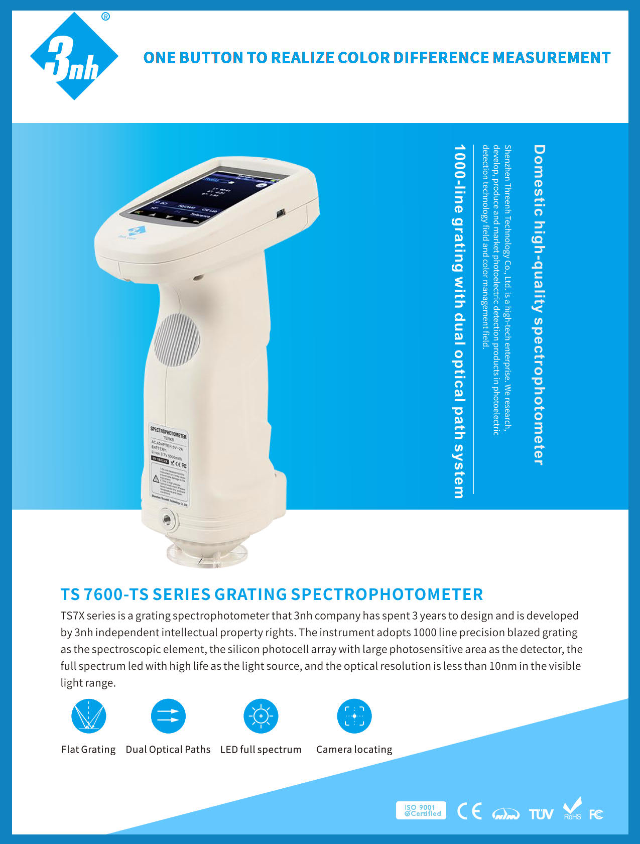 3nh รุ่นTS7600เครื่องสเปกโทรโฟโตมิเตอร์รองรับบลูธูทแบบพกพาHandheld Spectrophotometer Geometry:D/8°,1Aperture:Ø8/Ø4,Range:400～700nm