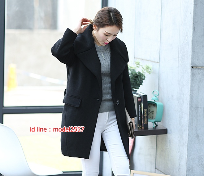 CW6107006 เสื้อโค้ทเกาหลีตัวยาวผ้าผสมขนสัตว์ฤดูหนาว สีดำอุ่นมากตัวยาว ดำ XS S M L CW6107006 ตัว