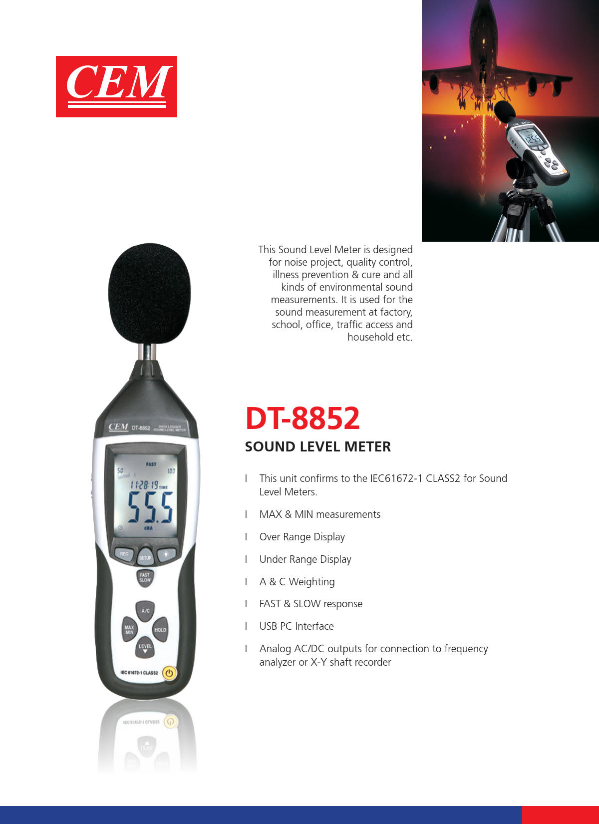 CEM รุ่นDT-8851เครื่องวัดเสียงบันทึกข้อมูลเก็บค่าที่วัดได้,Digital Sound Level Meter Class-2,Freq.range:31.5Hz~8KHz.