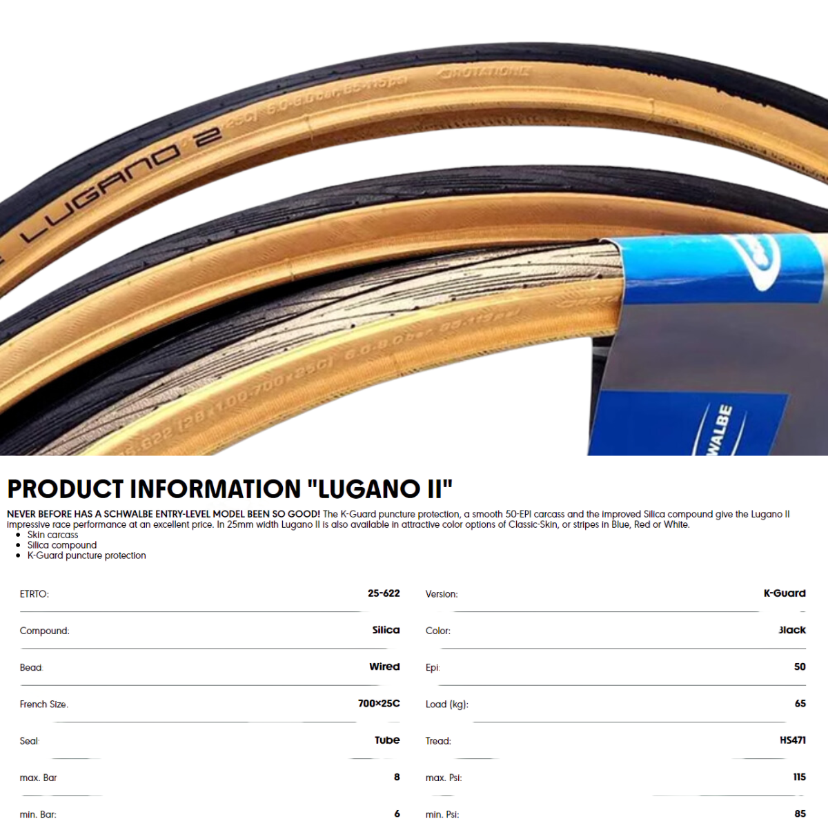 ยางนอกจักรยาน SCHWALBE LUGANO II ขอบลวด ขนาด 700×25C