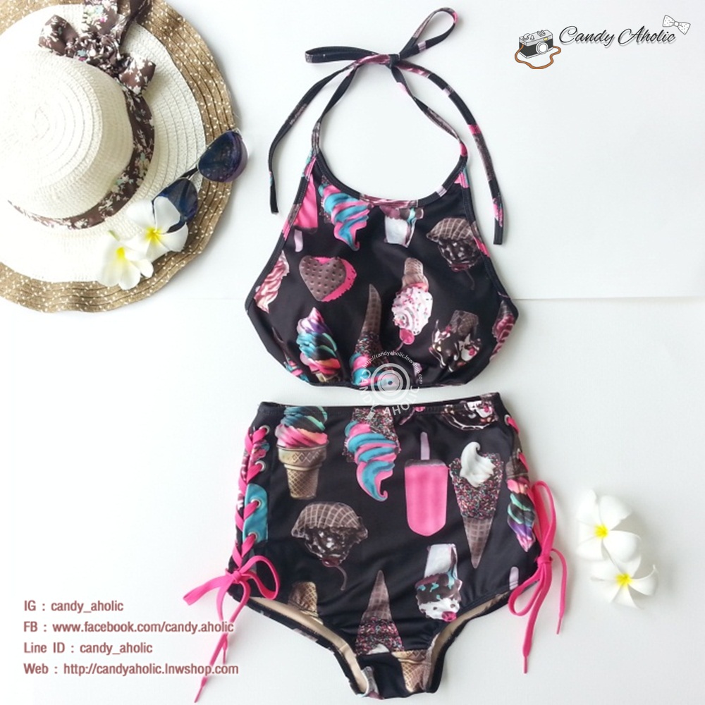(Size S,M) ชุดว่ายน้ำทูพีช ผูกหลักผูกคอ บราลายไอศครีมพื้นดำ กางเกงเอวสูงมีเชือกถักด้านข้าง