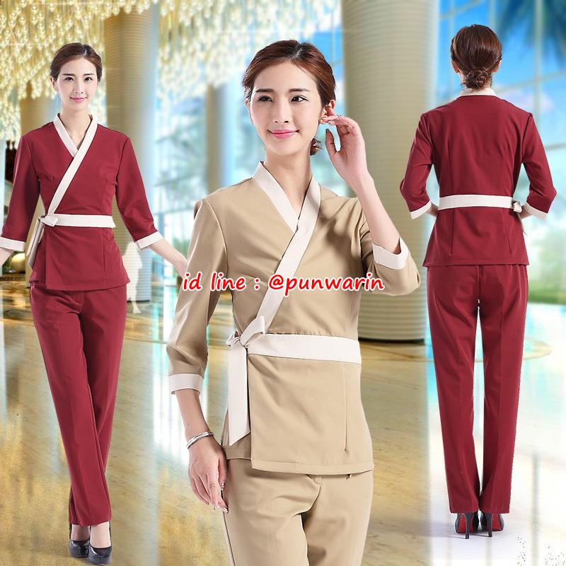 ชุดพนักงานนวดสปา ชุดพนักงานเสริมสวย ชุดทำงาน ชุดสูท แดง น้ำตาลอ่อน S-3XL S6111002 ชุด