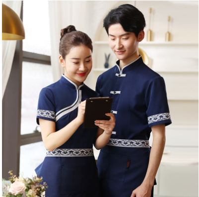 เสื้อฟอร์มพนักงานร้านอาหารกาแฟโรงแรม แขนสั้น น้ำเงิน ขาว S-3XL F6706007 เสื้อ ** ขั้นต่ำ 2 ตัว