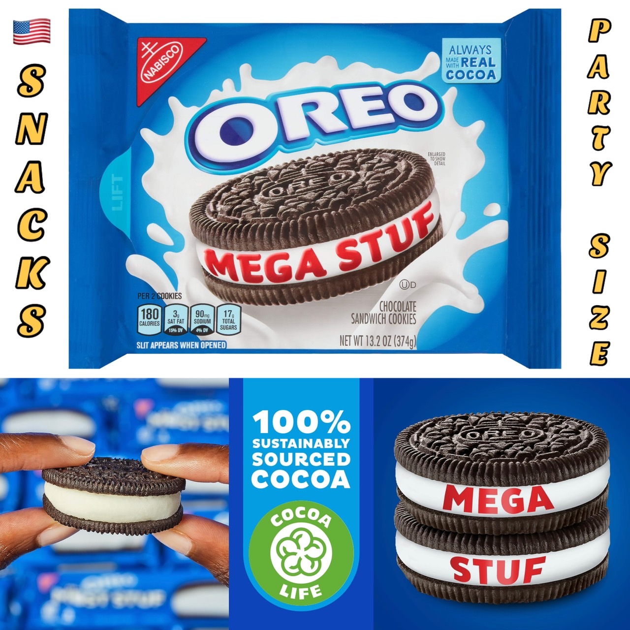 นำเข้า🇺🇸 โอริโอ้ สอดไส้เยอะพิเศษ3เท่า ขนาด ปาร์ตี้ไซส์ OREO Mega Stuf Chocolate Sandwich Cookies, Party Size, 1 lb 9.35 oz [718.66 กรัม] แพคใหญ่ราคา 450 บาท