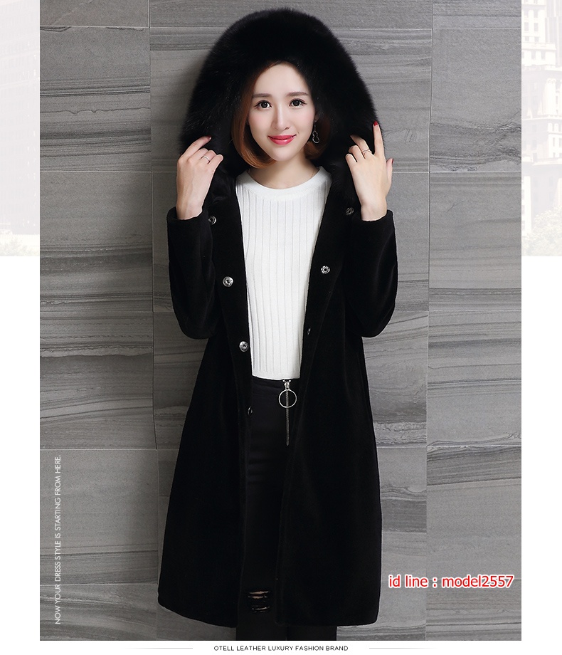 CW6107005 เสื้อโค้ทเกาหลีตัวยาวผ้าผสมขนสัตว์ฤดูหนาว สีดำแต่งเฟอร์ขนอุ่นมากตัวยาว ดำ S M L XL XXL 3XL CW6107005 ตัว