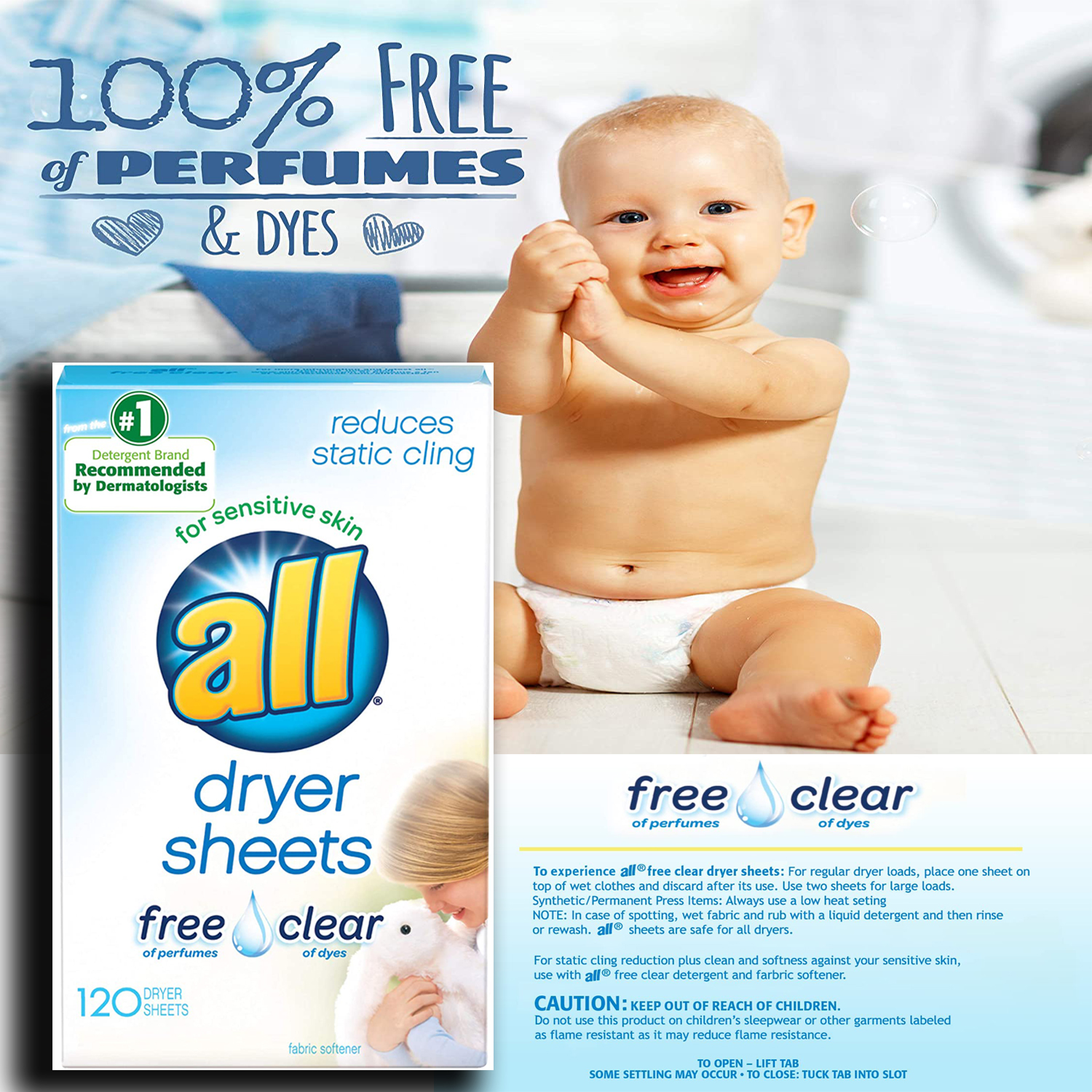 แผ่นอบปรับผ้านุ่ม All Fabric Softener Dryer Sheets for Sensitive Skin, Free Clear, 120 Count ราคา 420 บาท