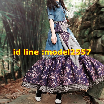 DB6112005 ชุดกระโปรงบานย้วยยาวโมฮีเมียนปกเชิ้ต ฟ้า S M L XL DB6112005 ตัว
