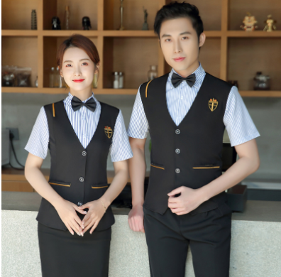 เสื้อฟอร์มพนักงานร้านอาหารกาแฟโรงแรม แขนสั้น เทา ขาว L-6XL F6705018 เสื้อกั๊กในตัว ** ขั้นต่ำ 2 ตัว