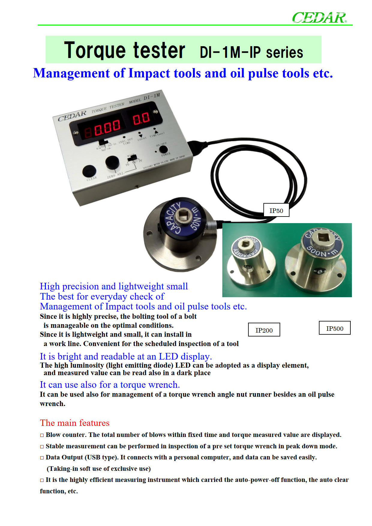 Cedar รหัส DI-1M-IP200-L1-J1 เครื่องทดสอบและวัดแรงบิดแสดงผลแบบดิจิตอล,Torque tester for Air Tool/Oil Pulse Tool Range:3.0~200N.m