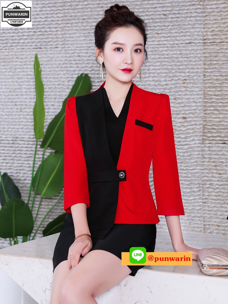 ชุดพนักงานนวดสปา ชุดพนักงานเสริมสวย ชุดทำงาน ชุดสูท ชุดพนักงานต้อนรับ แดง S-4XL S6605001 ชุดกระโปรง **3ชุดขึ้นไปราคานี้