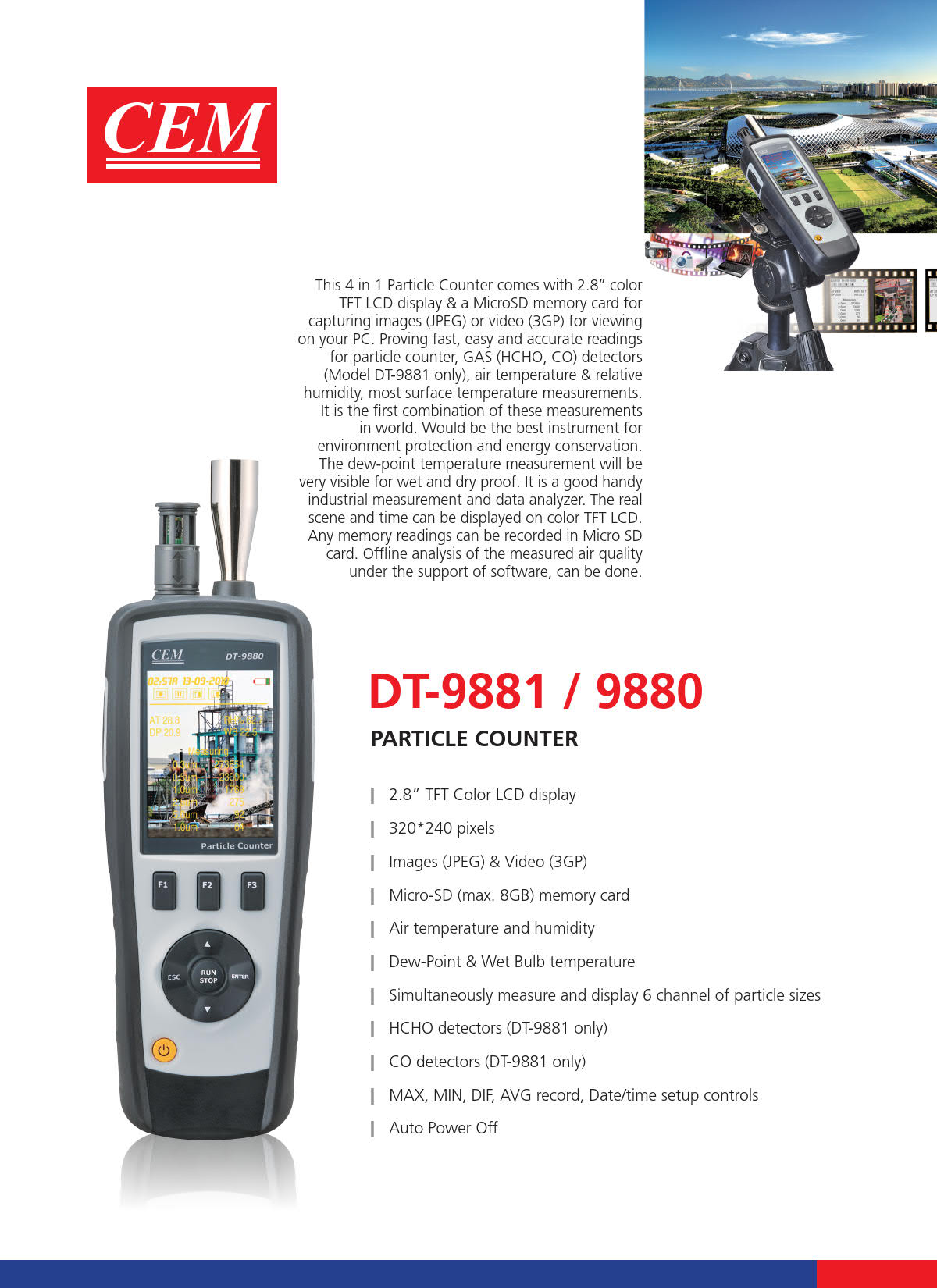 CEM รุ่นDT-9880เครื่องวัดฝุ่นละอองในอากาศ,Particle counter,Humidity.Meas.range:0～100%RH