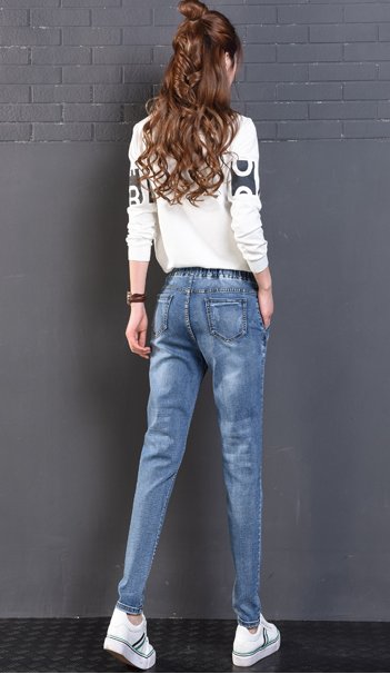 JW6006002ยีนส์ฮาเล็มขายาวทรงหลวมเอวยางยืด (พร้อมส่ง) ฟ้า น้ำเงิน 26-34 JW6006002 ตัว