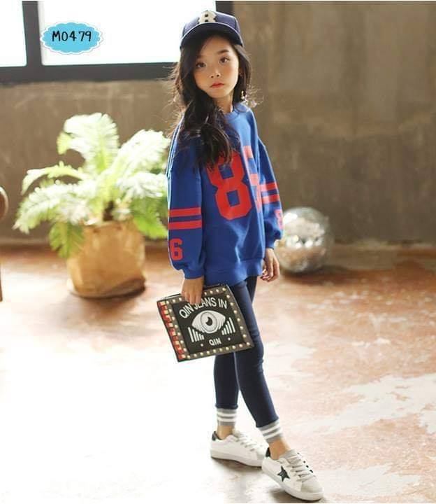 ชุดเซต Sport girl สีน้ำเงินพร้อมกางเกงเลคกิ้ง
