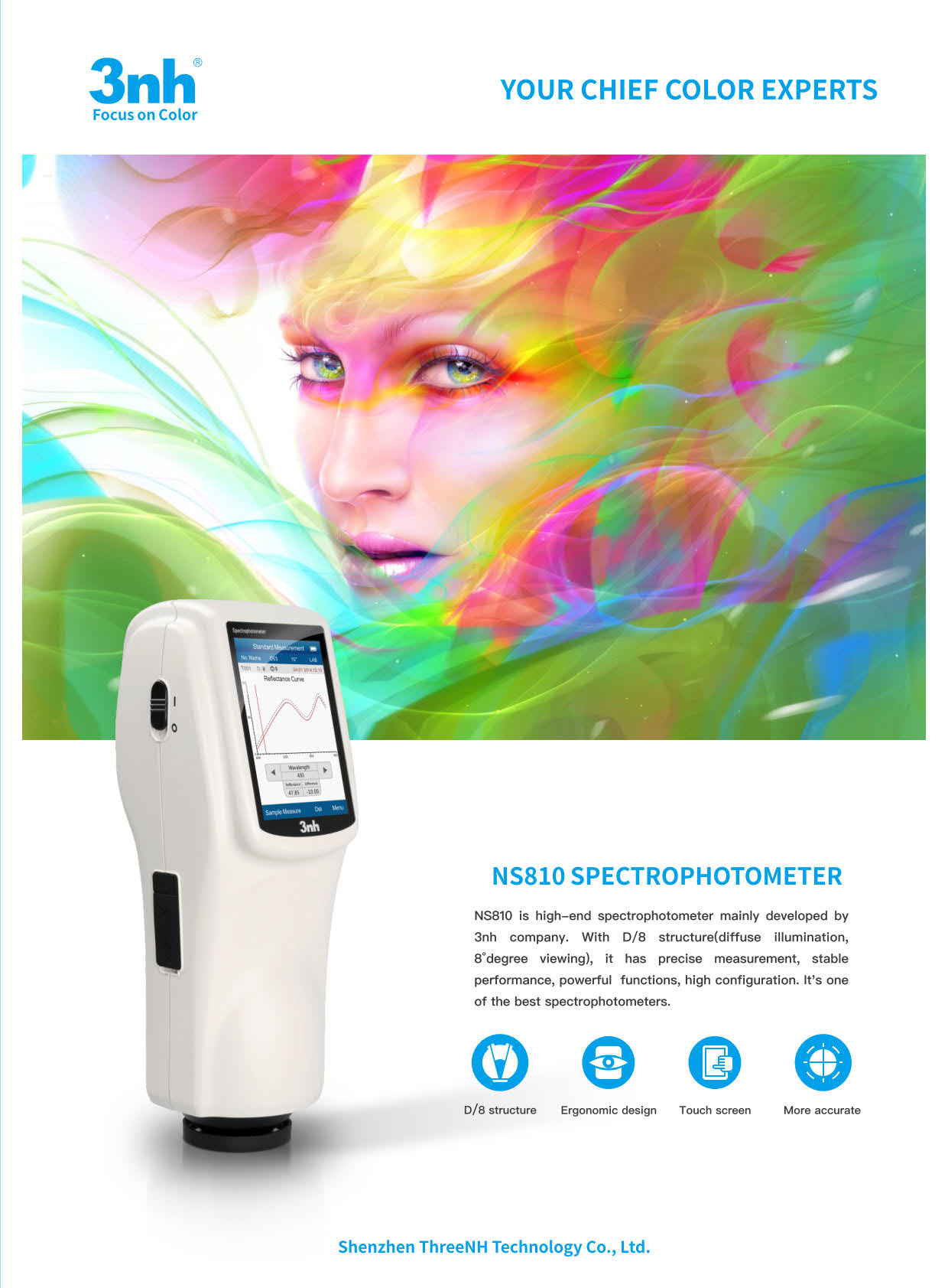 3nh รุ่นNS-810เครื่องมือวัดสีPortable Spectrophotometer/Aperture:∅8mm,Geometry:D/8(Wavelength range400～700nm)