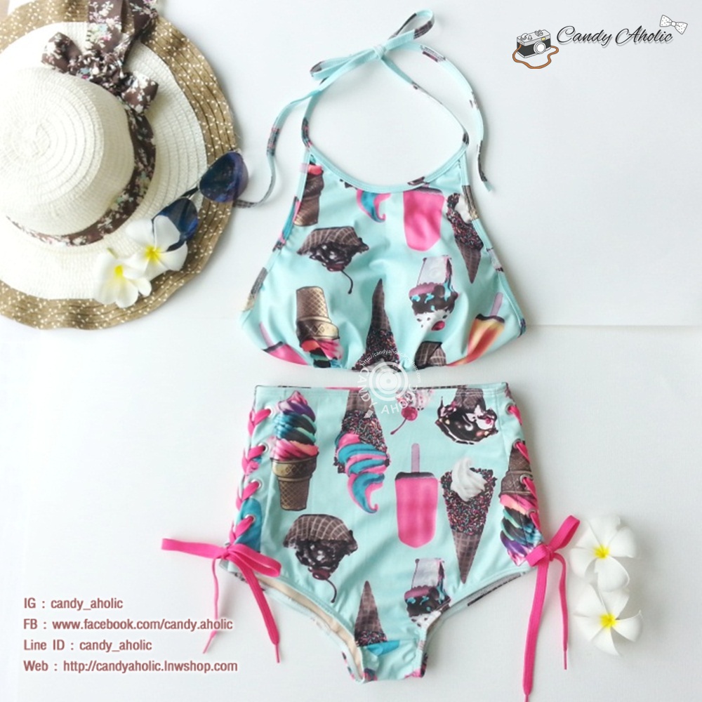 (Size S,M) ชุดว่ายน้ำทูพีช ผูกหลักผูกคอ บราลายไอศครีมพื้นเขียว กางเกงเอวสูงมีเชือกถักด้านข้าง