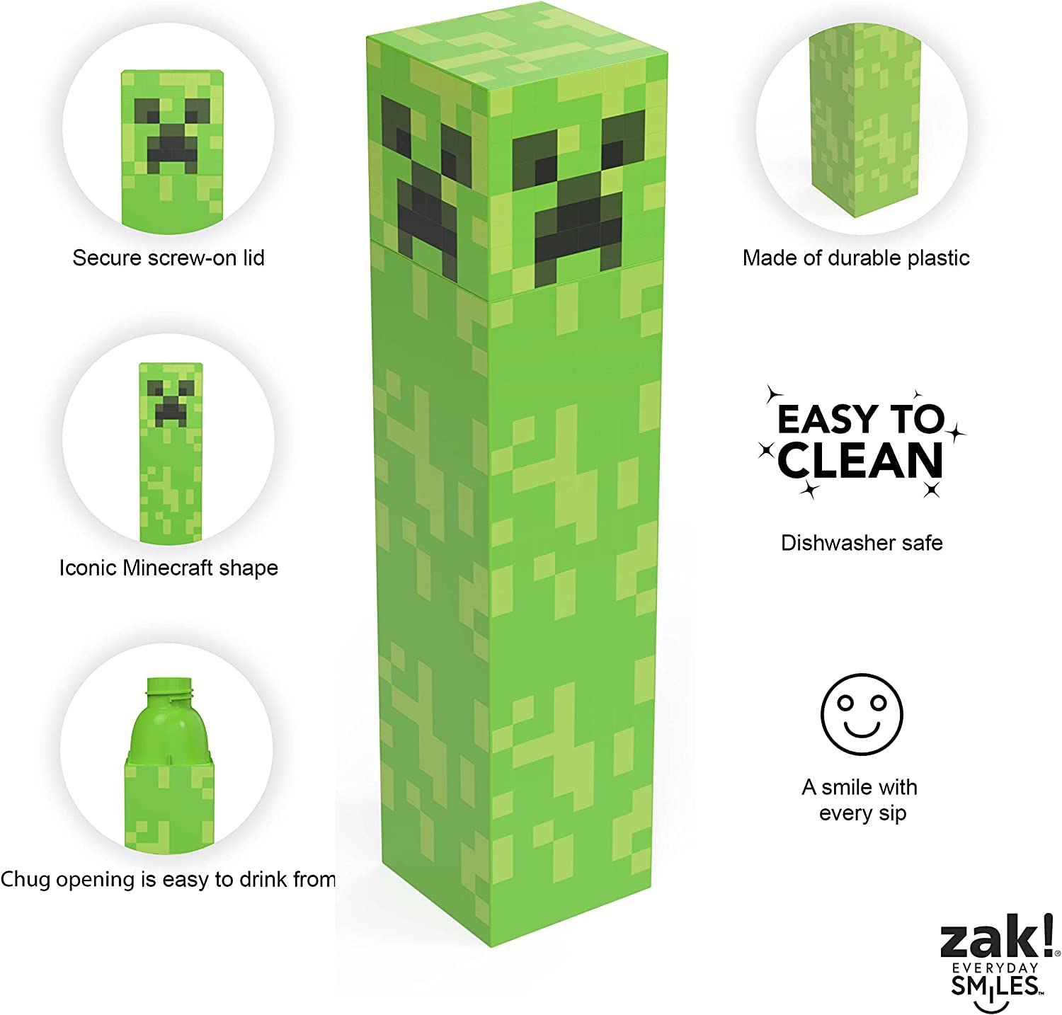 ขวดน้ำทรงสี่เหลี่ยม Zak Designs Creeper Minecraft (22oz, พลาสติก, Non BPA) ราคา 1190 - บาท
