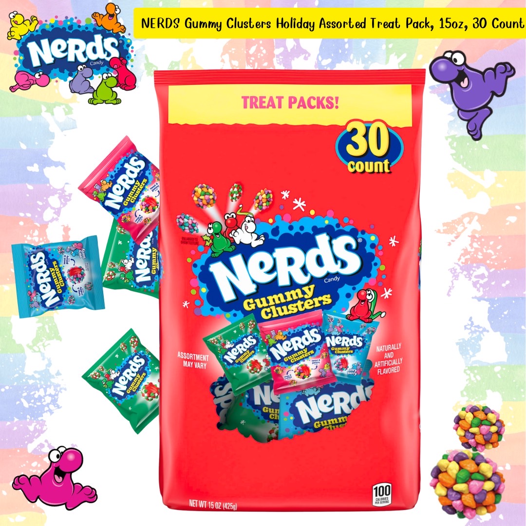 นำเข้า 🇺🇸 NERDS Gummy Clusters Holiday Pack กรอบนอกหนึบใน คละรสผลไม้สุดสนุก 30 ชิ้นในถุงเดียว ราคา 890 บาท
