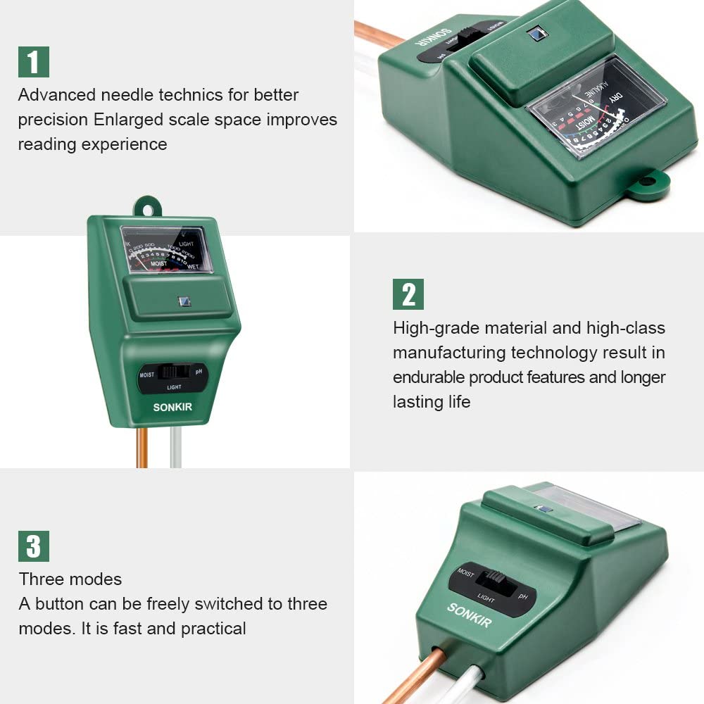 Sonkir รหัส MS-02 เครื่องวัดค่าความเป็นกรด-ด่างของดิน,3-in-1,Soil pH Meter,Soil Moisture,Light,pH Gardening Tool Kits