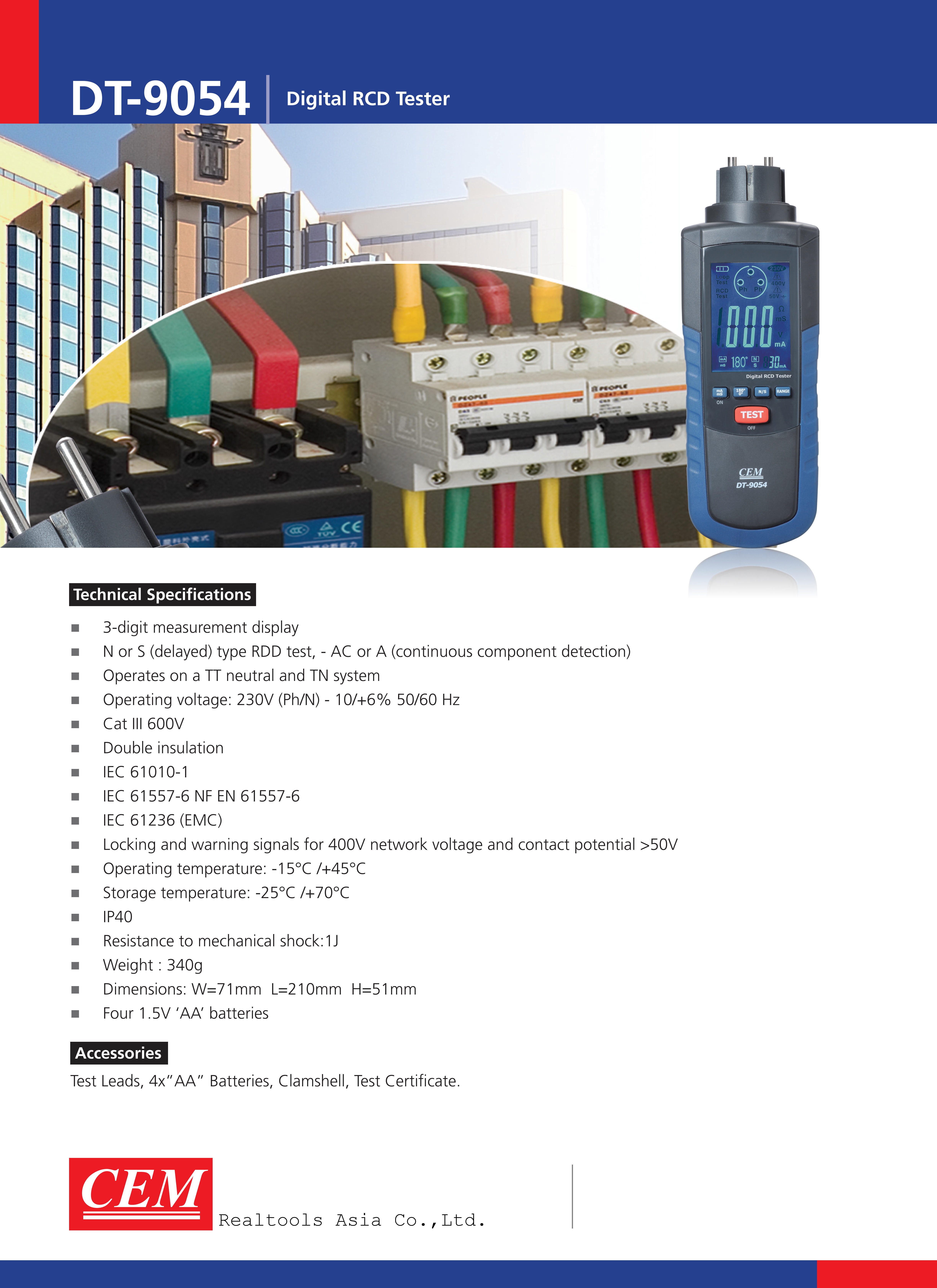 CEM รุ่นDT-9054เครื่องมือวัดและทดสอบปริมาณสำหรับไฟฟ้า,RCD Tester,Operational Voltage:195V~253V/45~65Hz.