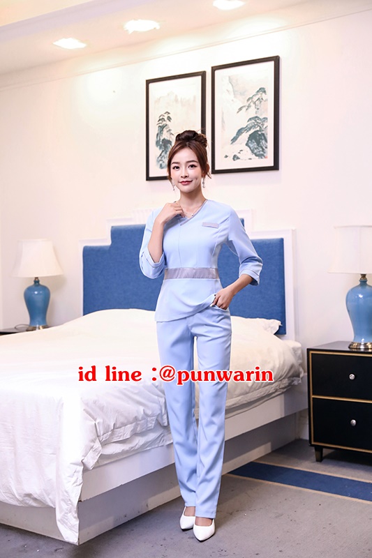 ชุดพนักงานนวดสปา ชุดพนักงานเสริมสวย ชุดทำงาน ชุดสูท ฟ้าอ่อน S-3XL S6303004 ชุด