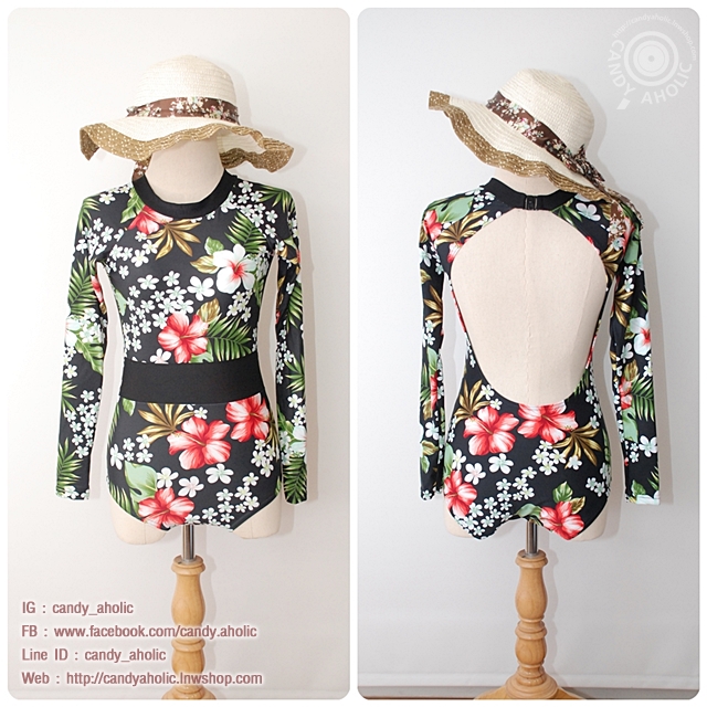 [Free size] ชุดว่ายน้ำวันพีชแขนยาวเว้าหลัง รุ่น Sofia สีดำลายชบา