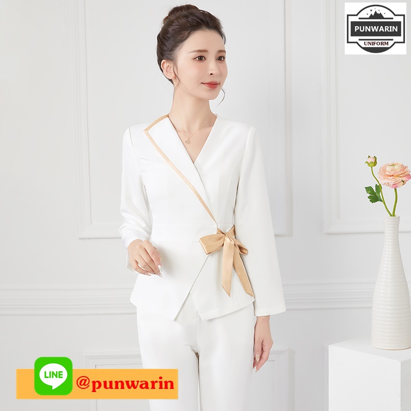 ชุดพนักงานนวดสปา ชุดพนักงานเสริมสวย ชุดทำงาน ชุดสูท แขนยาว ขาว กรมท่า S-3XL S6511011 ชุด