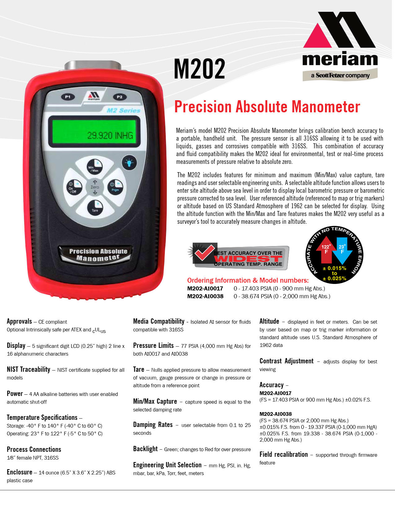 Meriam รุ่นM202เครื่องวัดความดันลมPrecision Absolute Manometer