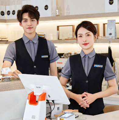 เสื้อฟอร์มพนักงานร้านอาหารกาแฟโรงแรม แขนสั้น เทา ขาว L-5XL F6705016 เสื้อ+กั๊ก ** ขั้นต่ำ 2 ตัว